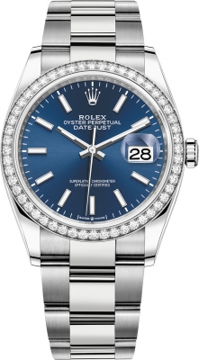 Buy this new Rolex Datejust 36mm Stainless Steel 126284rbr Blue Index Oyster midsize watch for the discount price of £15,700.00. UK Retailer.