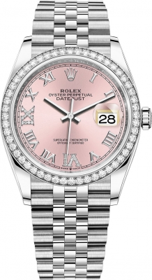 Buy this new Rolex Datejust 36mm Stainless Steel 126284rbr Pink Roman VI IX Jubilee midsize watch for the discount price of £18,250.00. UK Retailer.