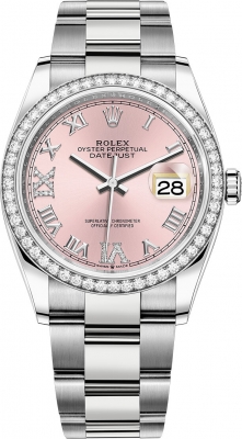 Buy this new Rolex Datejust 36mm Stainless Steel 126284rbr Pink Roman VI IX Oyster midsize watch for the discount price of £18,050.00. UK Retailer.