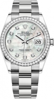 Buy this new Rolex Datejust 36mm Stainless Steel 126284rbr White MOP Diamond Oyster midsize watch for the discount price of £20,300.00. UK Retailer.