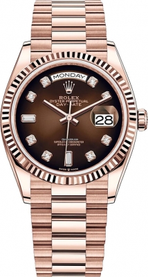 Buy this new Rolex Day-Date 36mm Everose Gold 128235 Brown Graduated Diamond midsize watch for the discount price of £42,500.00. UK Retailer.