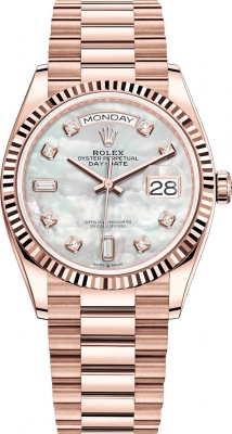 Buy this new Rolex Day-Date 36mm Everose Gold 128235 MOP Diamond midsize watch for the discount price of £46,500.00. UK Retailer.