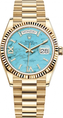 Buy this new Rolex Day-Date 36mm Yellow Gold 128238 Turquoise midsize watch for the discount price of £0.00. UK Retailer.