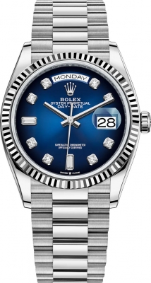 Buy this new Rolex Day-Date 36mm White Gold 128239 Blue Graduated Diamond midsize watch for the discount price of £40,000.00. UK Retailer.