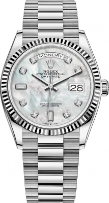 Buy this new Rolex Day-Date 36mm White Gold 128239 MOP Diamond midsize watch for the discount price of £46,000.00. UK Retailer.