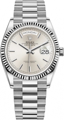 Buy this new Rolex Day-Date 36mm White Gold 128239 Silver Index midsize watch for the discount price of £32,500.00. UK Retailer.