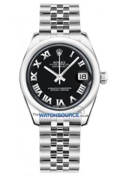 Buy this new Rolex Datejust 31mm Stainless Steel 178240 Black Roman Jubilee ladies watch for the discount price of £6,100.00. UK Retailer.