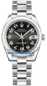 Buy this new Rolex Datejust 31mm Stainless Steel 178240 Black Concentric Arabic Oyster ladies watch for the discount price of £6,000.00. UK Retailer.