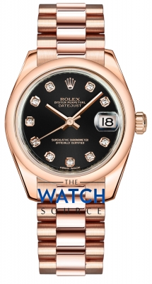 Buy this new Rolex Datejust 31mm Everose Gold 178245 Black Diamond President ladies watch for the discount price of £25,695.00. UK Retailer.