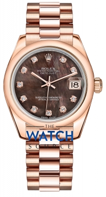Buy this new Rolex Datejust 31mm Everose Gold 178245 Black MOP Diamond President ladies watch for the discount price of £27,732.00. UK Retailer.