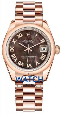 Buy this new Rolex Datejust 31mm Everose Gold 178245 Black MOP Roman President ladies watch for the discount price of £25,364.00. UK Retailer.