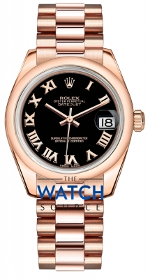 Buy this new Rolex Datejust 31mm Everose Gold 178245 Black Roman President ladies watch for the discount price of £24,094.00. UK Retailer.