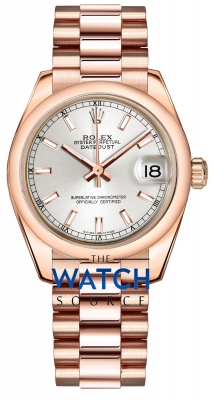 Buy this new Rolex Datejust 31mm Everose Gold 178245 Silver Index President ladies watch for the discount price of £24,094.00. UK Retailer.