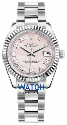 Buy this new Rolex Datejust 31mm Stainless Steel 178274 Pink MOP Roman Oyster ladies watch for the discount price of £8,200.00. UK Retailer.