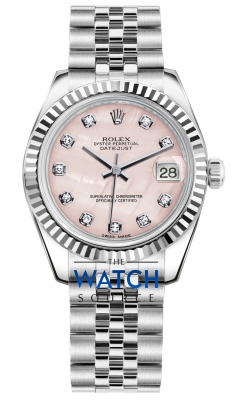 Buy this new Rolex Datejust 31mm Stainless Steel 178274 Pink MOP Diamond Jubilee ladies watch for the discount price of £10,700.00. UK Retailer.