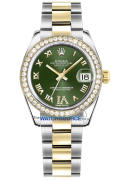 Buy this new Rolex Datejust 31mm Stainless Steel and Yellow Gold 178383 Olive Green VI Roman Oyster ladies watch for the discount price of &pound;14,560.00. UK Retailer.