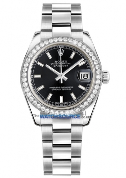 Buy this new Rolex Datejust 31mm Stainless Steel 178384 Black Index Oyster ladies watch for the discount price of £13,550.00. UK Retailer.