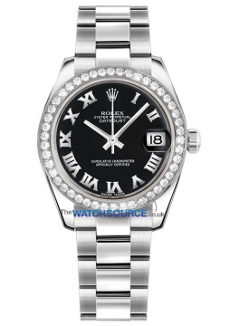 Buy this new Rolex Datejust 31mm Stainless Steel 178384 Black Roman Oyster ladies watch for the discount price of £13,550.00. UK Retailer.
