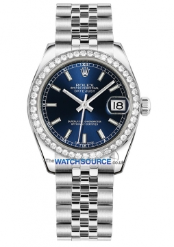 Buy this new Rolex Datejust 31mm Stainless Steel 178384 Blue Index Jubilee ladies watch for the discount price of £12,400.00. UK Retailer.