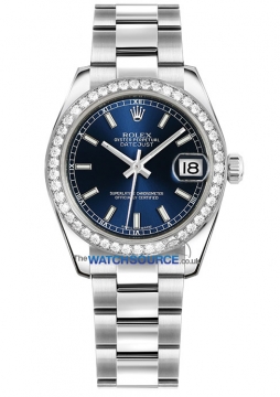 Buy this new Rolex Datejust 31mm Stainless Steel 178384 Blue Index Oyster ladies watch for the discount price of £13,550.00. UK Retailer.
