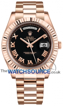 Buy this new Rolex Day-Date II 41mm Everose Gold 218235 Black Roman President mens watch for the discount price of £25,100.00. UK Retailer.