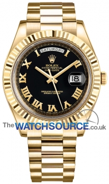Buy this new Rolex Day-Date II 41mm Yellow Gold 218238 Black Roman President mens watch for the discount price of £23,300.00. UK Retailer.