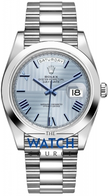 Buy this new Rolex Day-Date 40mm Platinum 228206 Ice Blue Quadrant Roman mens watch for the discount price of £65,170.00. UK Retailer.