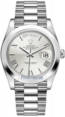 Buy this new Rolex Day-Date 40mm Platinum 228206 Silver Quadrant Roman mens watch for the discount price of £69,160.00. UK Retailer.