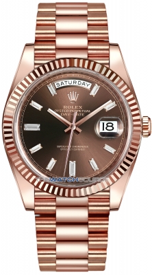 Buy this new Rolex Day-Date 40mm Everose Gold 228235 Chocolate Baguette Index mens watch for the discount price of £53,775.00. UK Retailer.