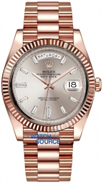 Buy this new Rolex Day-Date 40mm Everose Gold 228235 Sundust Baguette Index mens watch for the discount price of £53,775.00. UK Retailer.