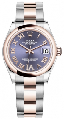 Buy this new Rolex Datejust 31mm Stainless Steel and Rose Gold 278241 Aubergine Roman VI Oyster ladies watch for the discount price of £12,400.00. UK Retailer.