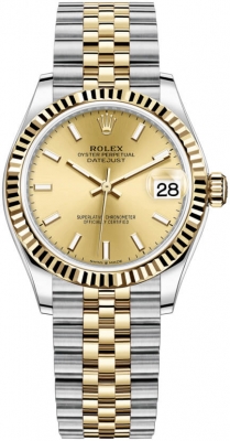 Buy this new Rolex Datejust 31mm Stainless Steel and Yellow Gold 278273 Champagne Index Jubilee ladies watch for the discount price of £11,700.00. UK Retailer.