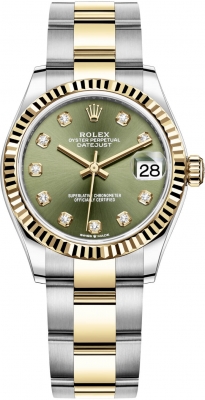 Buy this new Rolex Datejust 31mm Stainless Steel and Yellow Gold 278273 Green Diamond Oyster ladies watch for the discount price of £13,100.00. UK Retailer.