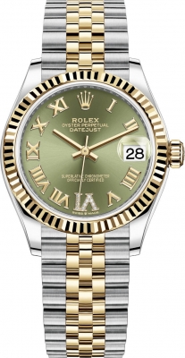 Buy this new Rolex Datejust 31mm Stainless Steel and Yellow Gold 278273 Green VI Roman Jubilee ladies watch for the discount price of £13,300.00. UK Retailer.