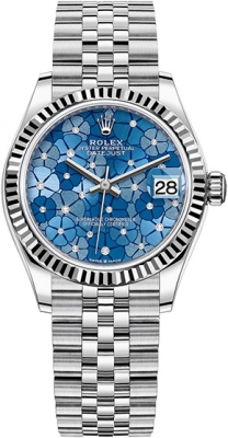 Buy this new Rolex Datejust 31mm Stainless Steel 278274 Azzurro Blue Floral Jubilee ladies watch for the discount price of £12,700.00. UK Retailer.