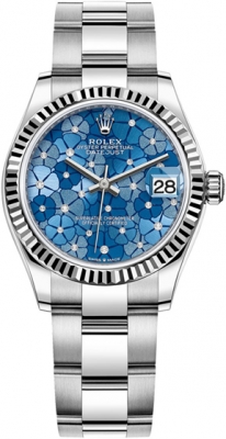 Buy this new Rolex Datejust 31mm Stainless Steel 278274 Azzurro Blue Floral Oyster ladies watch for the discount price of £12,400.00. UK Retailer.