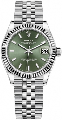 Buy this new Rolex Datejust 31mm Stainless Steel 278274 Mint Green Index Jubilee ladies watch for the discount price of £10,250.00. UK Retailer.