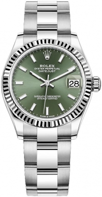 Buy this new Rolex Datejust 31mm Stainless Steel 278274 Mint Green Index Oyster ladies watch for the discount price of £10,300.00. UK Retailer.