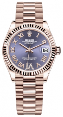 Buy this new Rolex Datejust 31mm Everose Gold 278275 Aubergine VI Roman President ladies watch for the discount price of £31,900.00. UK Retailer.