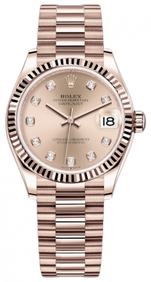Buy this new Rolex Datejust 31mm Everose Gold 278275 Gold Diamond President ladies watch for the discount price of £33,800.00. UK Retailer.