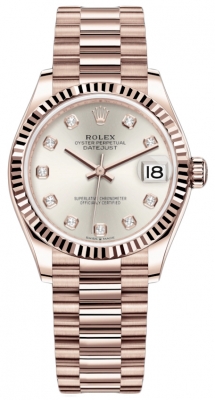 Buy this new Rolex Datejust 31mm Everose Gold 278275 Silver Diamond President ladies watch for the discount price of £33,800.00. UK Retailer.