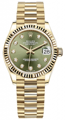 Buy this new Rolex Datejust 31mm Yellow Gold 278278 Olive Green Diamond President ladies watch for the discount price of £31,500.00. UK Retailer.