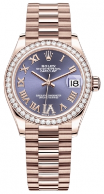 Buy this new Rolex Datejust 31mm Everose Gold 278285rbr Aubergine VI Roman President ladies watch for the discount price of £42,900.00. UK Retailer.