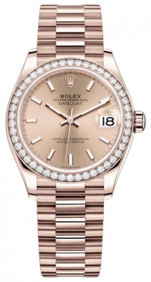 Buy this new Rolex Datejust 31mm Everose Gold 278285rbr Gold Index President ladies watch for the discount price of £41,300.00. UK Retailer.