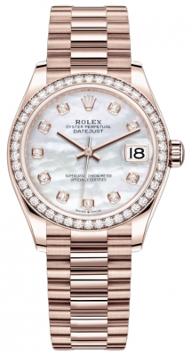 Buy this new Rolex Datejust 31mm Everose Gold 278285rbr MOP Diamond President ladies watch for the discount price of £43,500.00. UK Retailer.