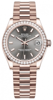 Buy this new Rolex Datejust 31mm Everose Gold 278285rbr Rhodium Index President ladies watch for the discount price of £41,300.00. UK Retailer.