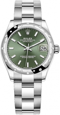 Buy this new Rolex Datejust 31mm Stainless Steel 278344rbr Mint Green Index Oyster ladies watch for the discount price of £12,100.00. UK Retailer.