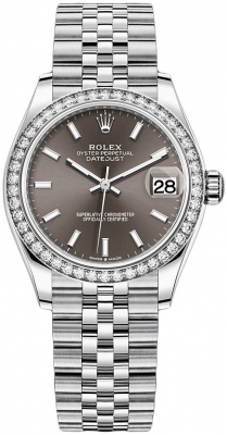 Buy this new Rolex Datejust 31mm Stainless Steel 278384rbr Dark Grey Index Jubilee ladies watch for the discount price of £15,750.00. UK Retailer.