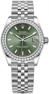 Buy this new Rolex Datejust 31mm Stainless Steel 278384rbr Mint Green Index Jubilee ladies watch for the discount price of £15,750.00. UK Retailer.