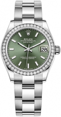 Buy this new Rolex Datejust 31mm Stainless Steel 278384rbr Mint Green Index Oyster ladies watch for the discount price of £17,300.00. UK Retailer.